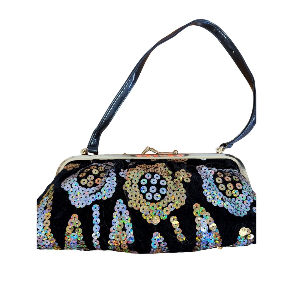 Vintage Style Black Velvet Sequin Kiss Lock Evening Bag Clutch Iridescent Floral